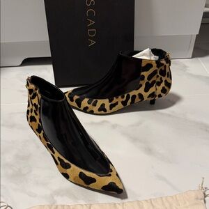 Escada Leopard Print Ankle Booties with Black Patent Accents